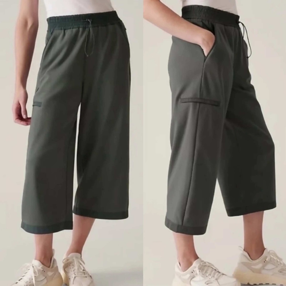 Athleta Coaster Luxe Wide Leg Crop Pants Green Fleece Lined Joggers Large‎